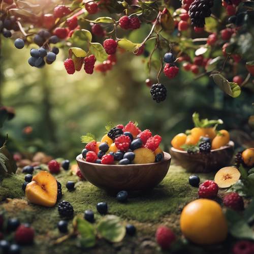 Meyveler ve meyvelerle oluşturulmuş ilginç bir orman manzarası.
