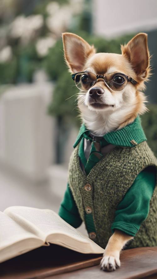 Chihuahua dengan pakaian rapi, lengkap dengan rompi sweter hijau, sedang membaca buku.
