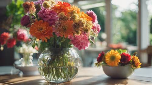 Un arreglo de flores vibrantes en un jarrón de vidrio, disfrutado en un patio lleno en una tarde de julio.