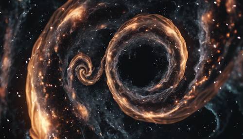 Ein abstrakter Kosmos aus spiralförmig ineinander verlaufenden schwarzen Löchern, umgeben von Dunkelheit.