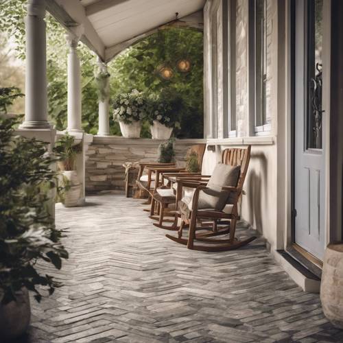 A cottage porch with a homely herringbone pattern made from stone tiles.
