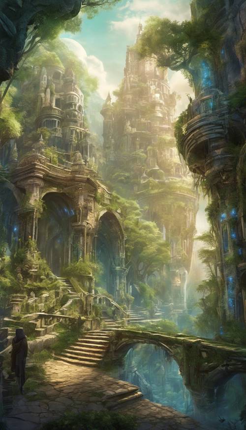 مدينة خيالية قديمة مخبأة في أعماق غابة سحرية كثيفة.