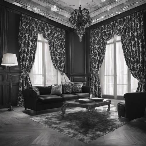Комната наполнена черно-белыми дамасскими шторами, подушками и мебелью.