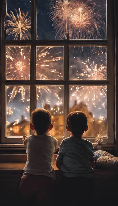 Two small children watching holiday fireworks from their window, their faces glowing with excitement.