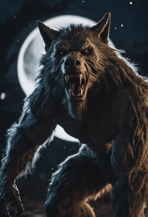 Evocative, detail-rich depiction of a werewolf transformation in the light of a full moon