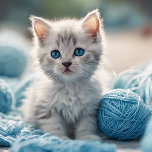 Seekor anak kucing berbulu halus berwarna biru langit terjerat dalam bola wol.