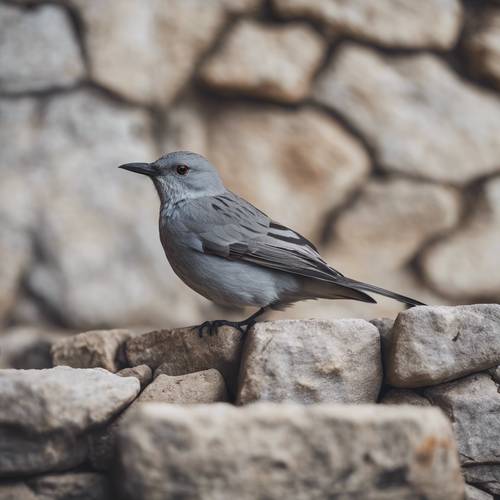 Um pássaro cinza camuflado perfeitamente contra uma parede de pedra, quase invisível.