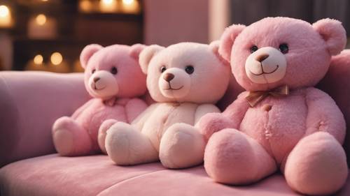 ตุ๊กตาหมีสีชมพูอ่อนสไตล์คาวาอิจำนวนหนึ่งนั่งอยู่บนโซฟากำมะหยี่เนื้อนุ่ม