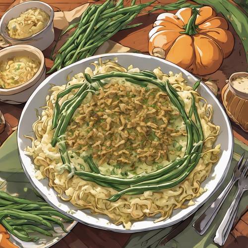 Steaming bowl of green bean casserole served with mashed potatoes in an anime-inspired Thanksgiving ensemble. Tapet [e4b16a1f69ea431a8604]