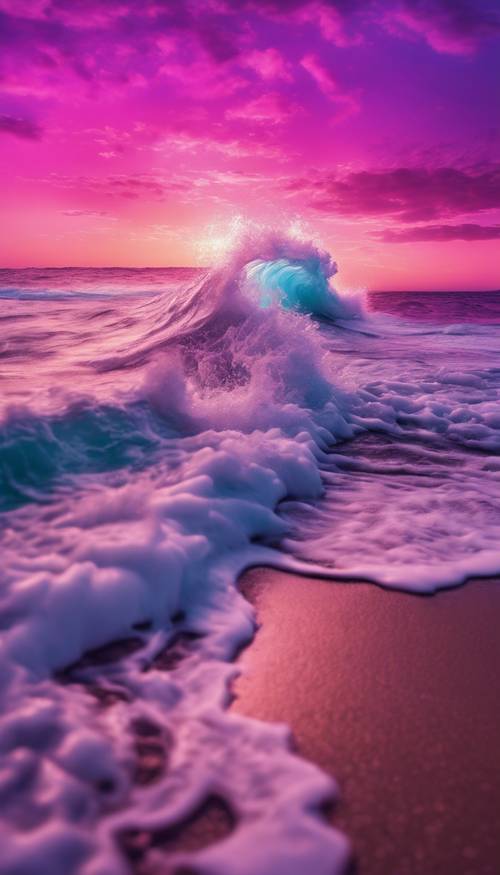 Gelombang biru neon menghantam pantai di bawah langit ungu dan merah muda cerah, merangkum estetika synthwave.
