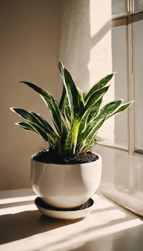 A potted snake plant bathed in afternoon sunlight.