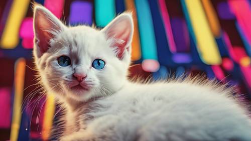 A posterized pop art image of a white kitten, playfully batting at the viewer through vivid, multicolored panels. Wallpaper [f04a3fde947447179331]