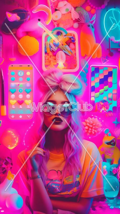 Colorful Tech Themed Image with Fashionable Girl and Gadgets