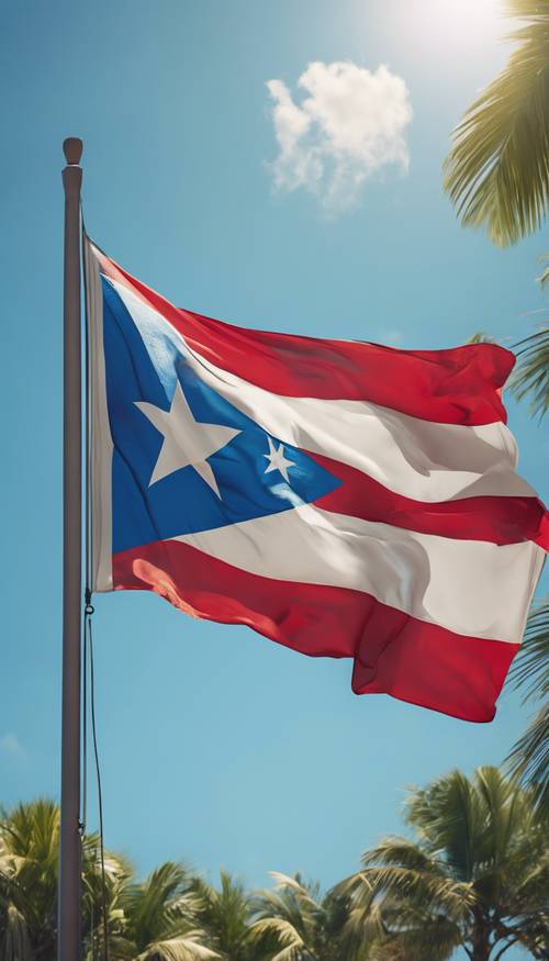 Desenho da bandeira de Porto Rico balançando ao vento contra um céu azul sem nuvens