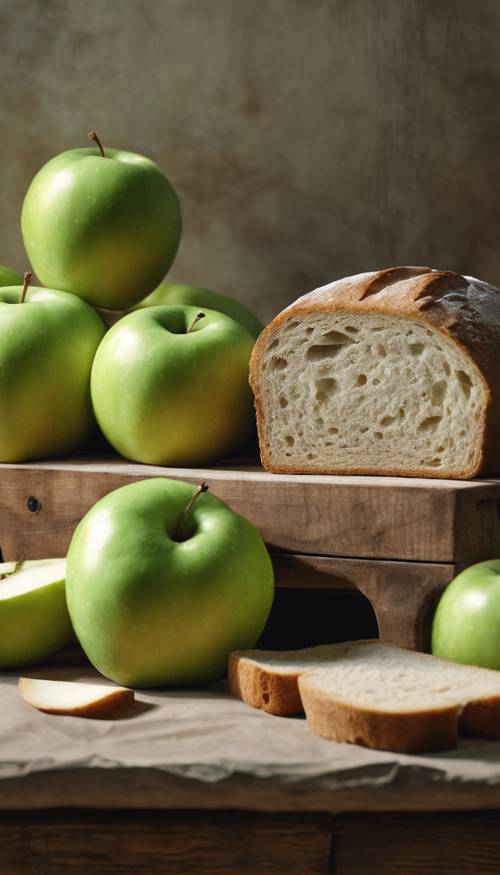 木製の棚に置かれた緑のリンゴとベージュのパンの静物画