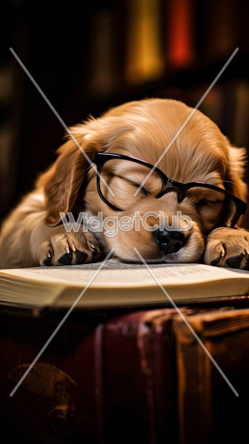 眠っている子犬がメガネをかけて本を読んでいる壁紙