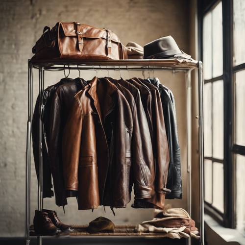 A brown leather jacket hanging on a rack with other vintage clothes