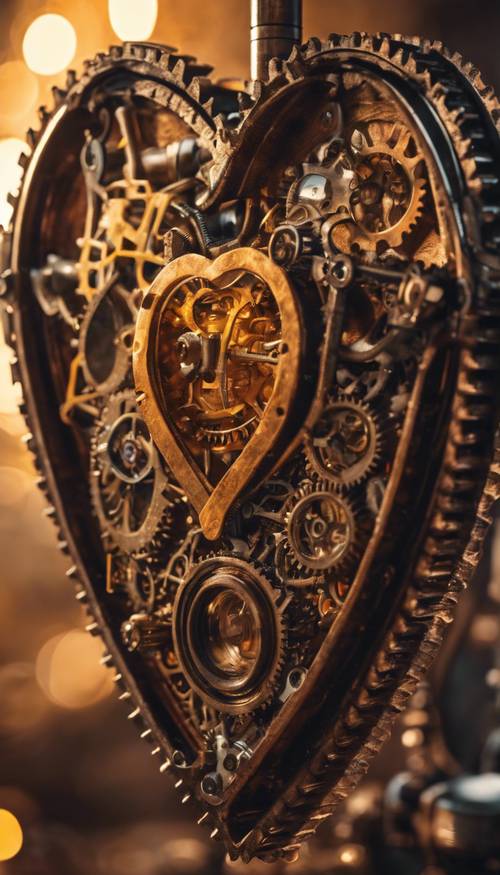 A steampunk heart, with conspicuous gears and levers, emitting a warm, amber light from within.