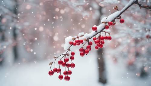 Pastellfarbene Winterbeeren hängen an einem schneebedeckten Ast.