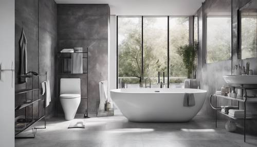 Une salle de bains minimaliste grise et blanche dans la lumière de l’après-midi.