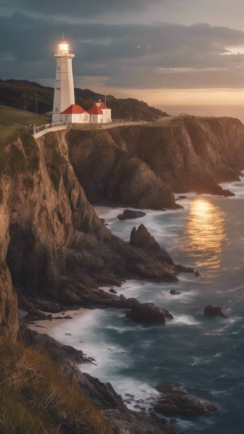 断崖の灯台が夕日と上がる月の光で迷子の船員を案内する絵