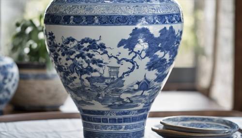 Eine reich verzierte blau-weiße Porzellanvase aus der Ming-Dynastie, hervorgehoben durch sanftes Tageslicht.