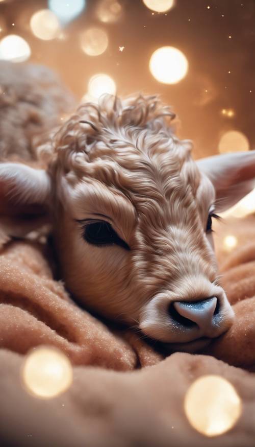 An adorable baby Taurus cozily snoozing under a starlit sky.