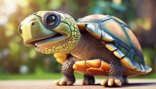 Kura-kura kartun berwarna-warni yang menggemaskan dengan senyuman lebar dan manis.
