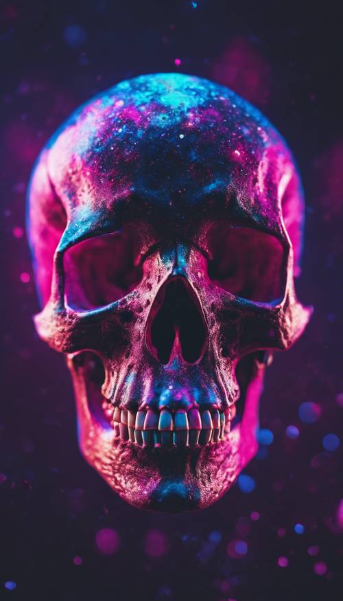 A neon skull with hues of pink and blue set against the cosmos. Ფონი [c13388cd4f2341f9b392]