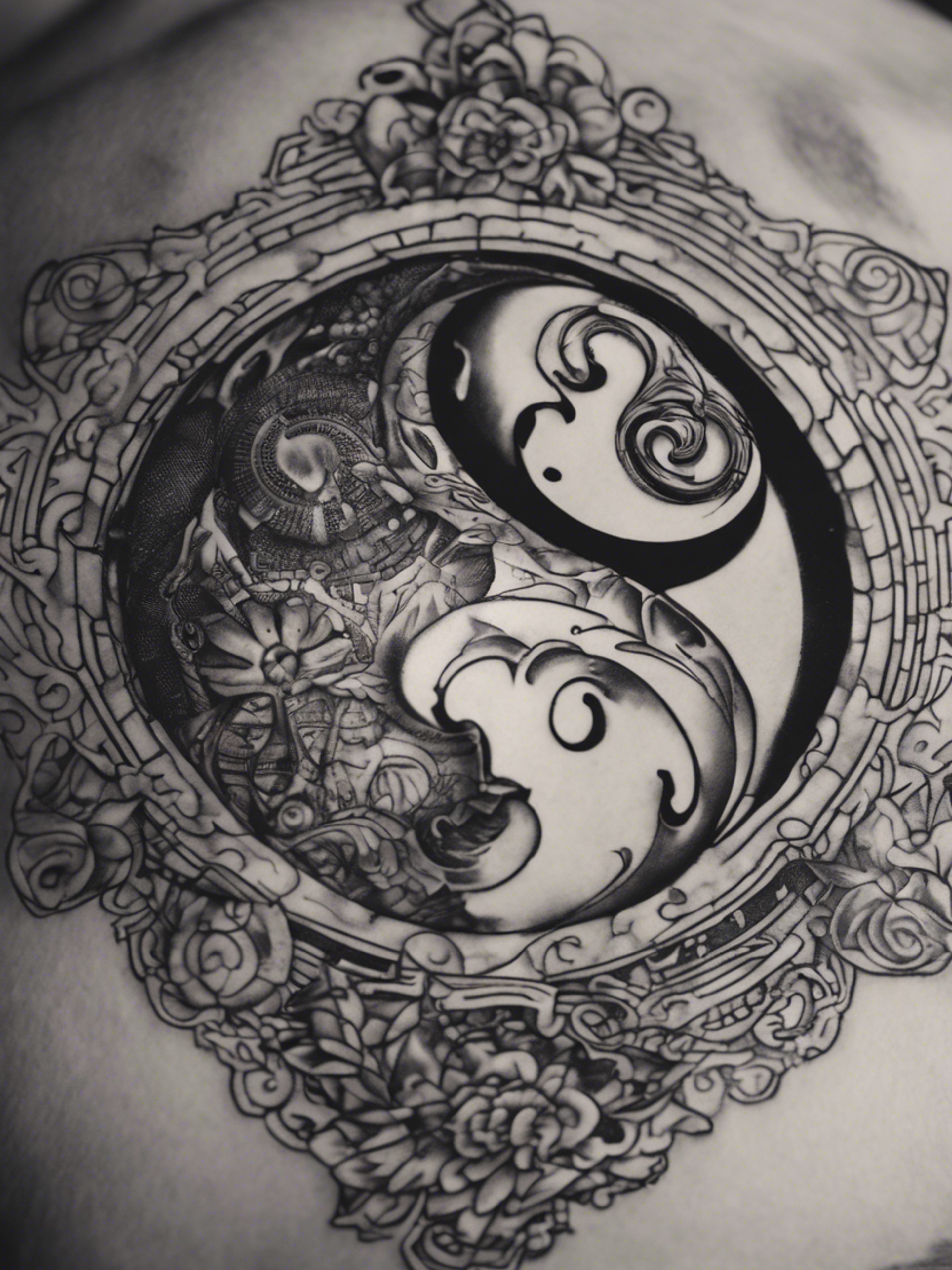 A black and gray tattoo demonstrating the sharp contrast of yin and yang. Валлпапер[cf6688009cd14e619f30]