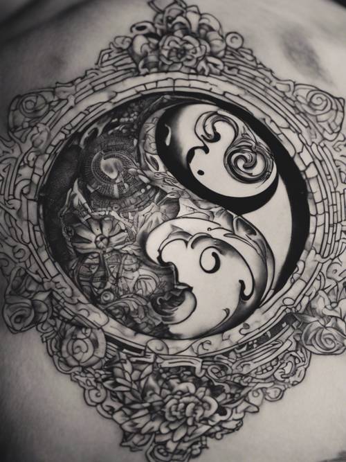 A black and gray tattoo demonstrating the sharp contrast of yin and yang.