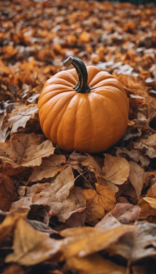 A close-up image of a pumpkin sitting on a pile of crisp fall leaves.