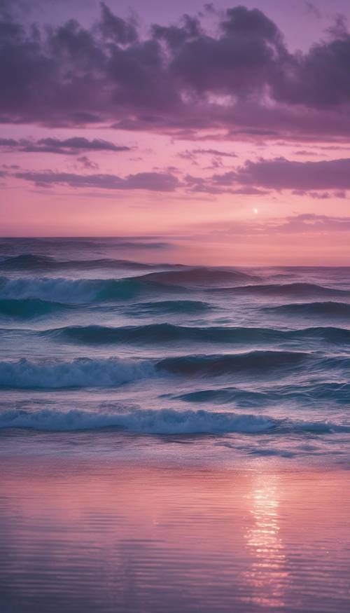 A shrouded dawn emerging over the calm ocean with shades of cool blues and purples