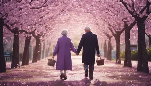 Una pareja de ancianos caminando de la mano bajo una lluvia de pétalos de flores de cerezo de color púrpura que caen.