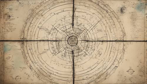 Peta bintang kuno yang menguraikan konstelasi dengan tinta halus.