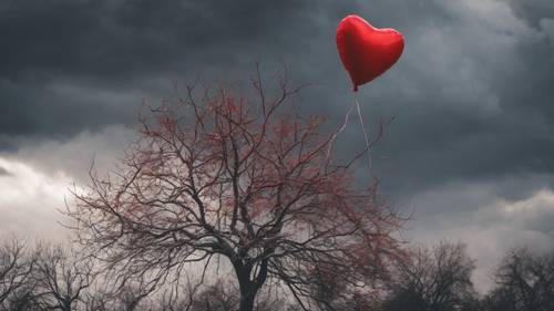 Balon berbentuk hati merah tersangkut di dahan pohon yang tajam dengan latar langit yang berbadai.