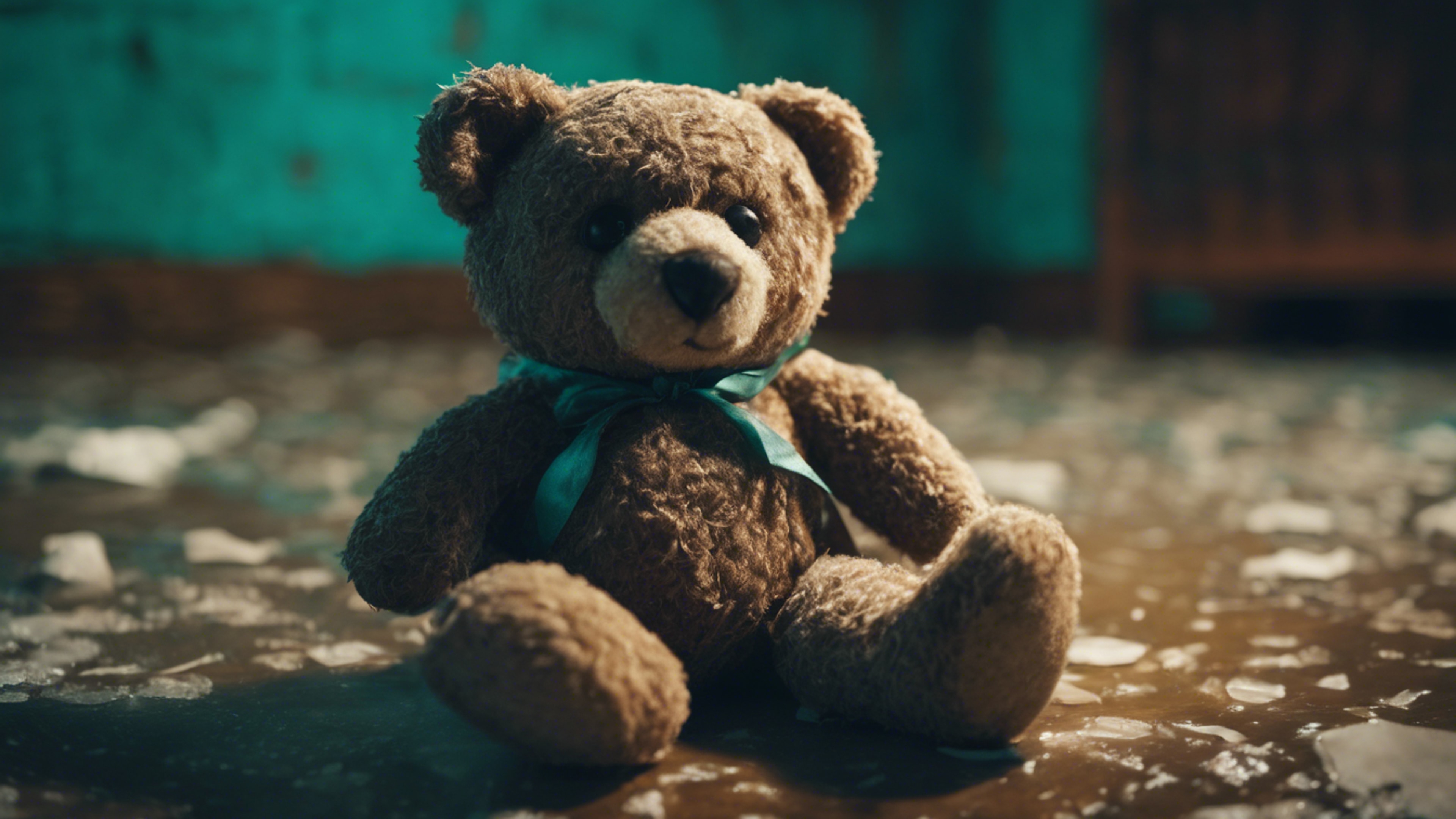 An orphaned gothic teddy bear lying in a quiet abandoned room illuminated in teal. 벽지[f4613294cb5e4a2b934c]