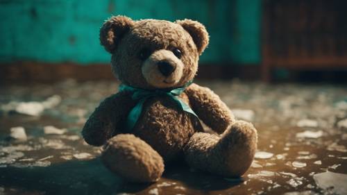 Seekor boneka beruang gotik yatim piatu tergeletak di ruangan terbengkalai yang tenang dan diterangi warna teal.