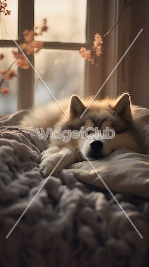 Śpiący Husky w przytulnym pokoju