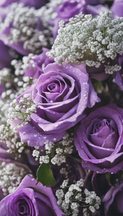 Ein umwerfender Strauß leuchtend violetter Rosen und weißem Schleierkraut.
