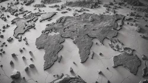 Kalın bir kil levhadan şekillendirilmiş gri tonlamalı bir dünya haritası.