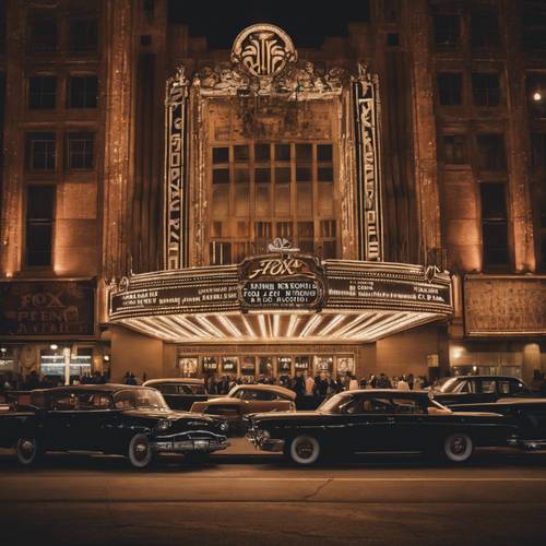 Wielkie wejście do teatru Fox w Detroit podczas wieczoru premierowego wypełnionego zabytkowymi samochodami i eleganckim tłumem.