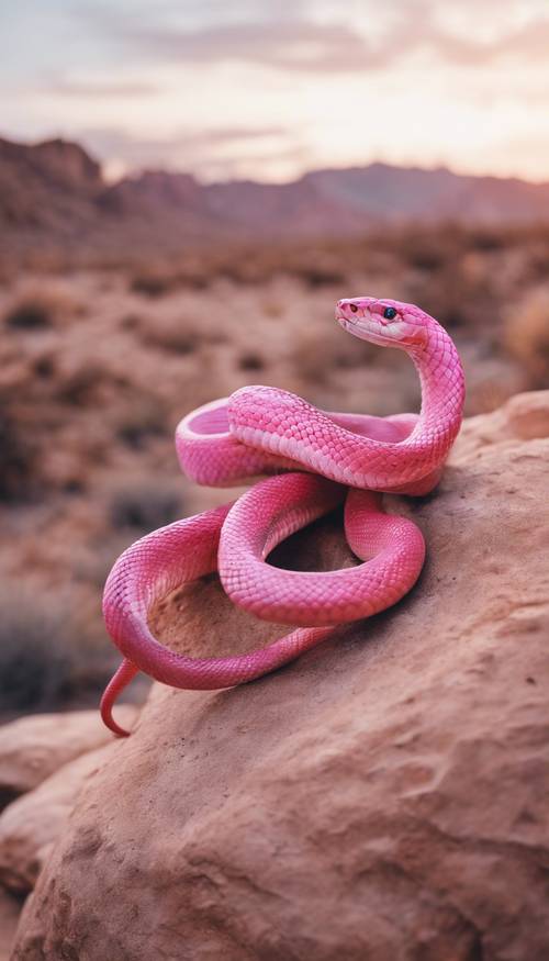 A pair of pink snakes intertwined in an exotic dance on a rock in the desert.