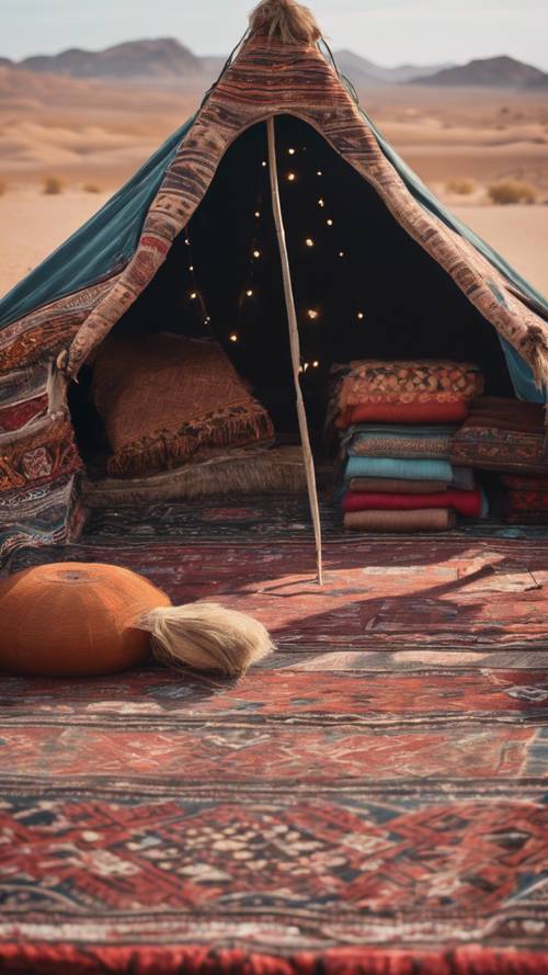 Une tente nomade remplie de tapis tissés et de moquettes au cœur du désert.