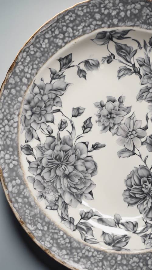 Un motivo floreale grigio su un piatto di porcellana vintage.