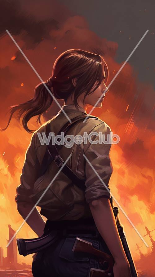 Fiery Sunset and Heroic Girl Art
