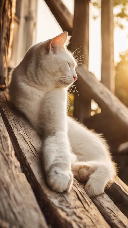 Seekor kucing jantan putih tua dengan malas meringkuk dan tidur di teras kayu pedesaan, berjemur di bawah sinar matahari sore yang keemasan