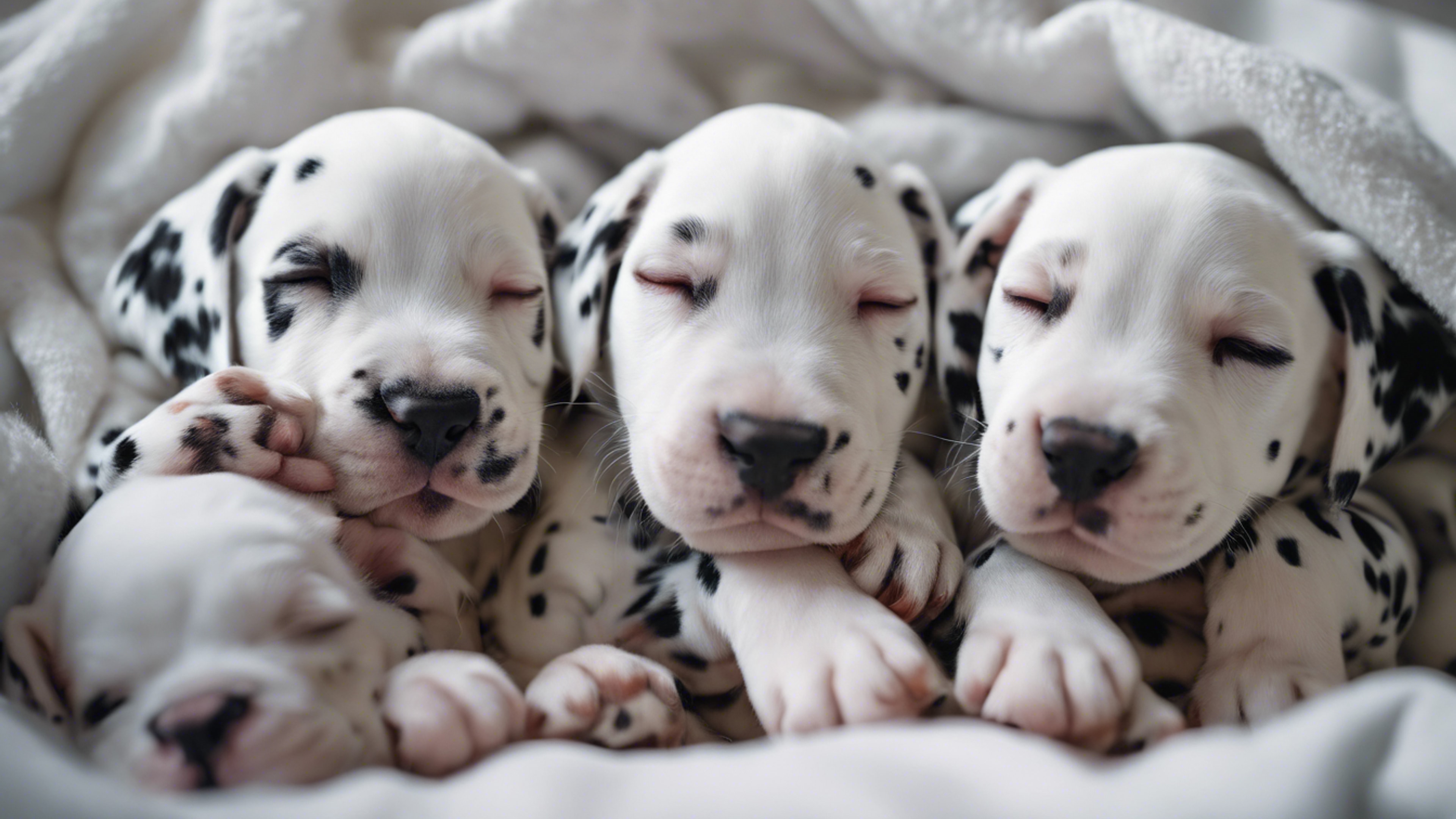 A cluster of sleeping Dalmatian puppies under a cozy white blanket in a nursery room. Tapeta[4a5dc312c1f344509ca9]