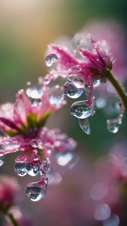 清晨的露珠附著在色彩鮮豔的春天花朵上的特寫。