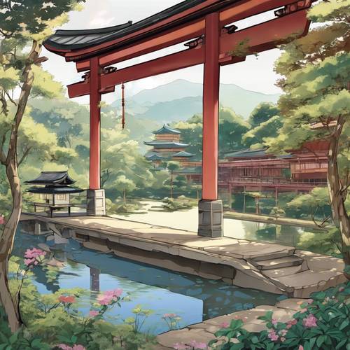 Una rappresentazione anime di un tranquillo giardino Zen a Kyoto.